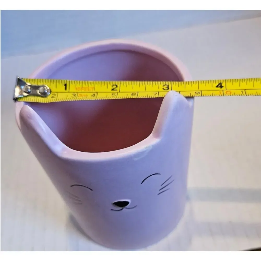 Isaac Jacobs Ceramic Cat Organizer Pink Matte finish Smiling Feline Face read